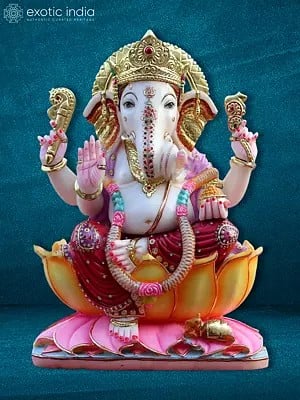 24" Divine Ganapati Sitting On Lotus | Hand Carved | God Idol