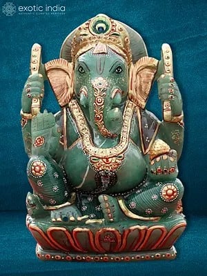 8” Quartz Hindu God Ganpati Statue In Green Quartz | Natural Green Quartz Statue