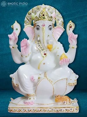9" White Glossy Marble Shree Lord Ganesha Sculpture | Makrana Marble Sculpture