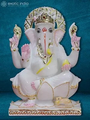 9" Ganesh Pure White Marble Statue In Marble | Makrana Marble Statue