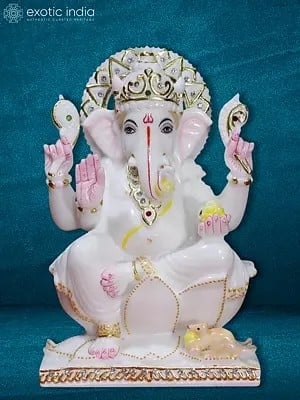 9" Lord Lalitasana Ganesha White Glossy Statue | Makrana Marble Statue
