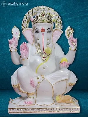 10" Lord Ganesh Sitting On Lotus Flower Statue | Makrana Marble Statue