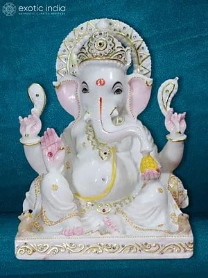 12" Ganesha With Beautiful Crown | White Makrana Marble Statue