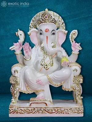 12" Lalitasana Ganesha Statue Sitting On Throne | White Makrana Marble Statue