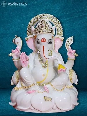 12" The Hindu God Ganesha Sculpture In Marble| White Makrana Marble Statue