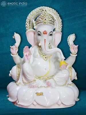15" Lord Ganpati White Shiny Statue For Home | Makrana Marble Statue