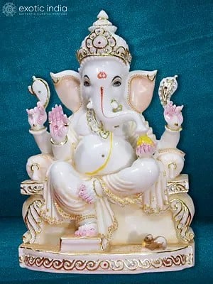 15" Chaturbhuj Lord Ganesha Glossy Statue In Marble | Makrana Marble Statue