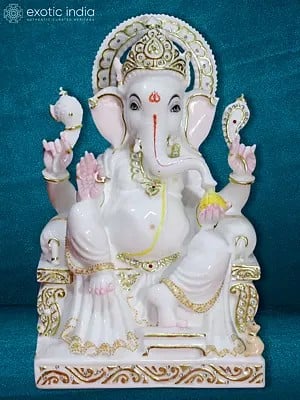 15" White Marble Ganesh Murti For Temples | Makrana Marble Statue
