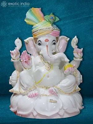 18" Beautiful Lord Ganesha With Turban For Temple | Makrana Marble Statue