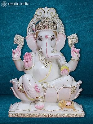 18" Abhaya Mudra Ganesha On Lotus | Makrana Marble Statue