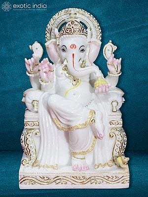 18" Lord Ganesha In Blessing Mudra | White Marble Statue