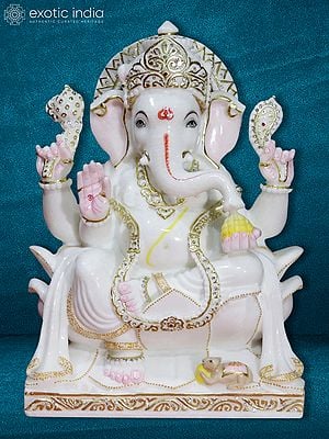 18" White Marble Seated Ganapati On Open Round Leaf Lotus
