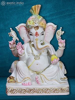 24" Lord Ganesha With Turban | White Marble Statue