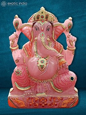 10" Vighnaharta Ganesha Idol With Embossed Work | Natural Pink Rose Quarts