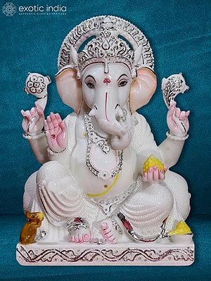 18" Lord Ganesha With Attractive Crown | Super White Makrana Marble Idol
