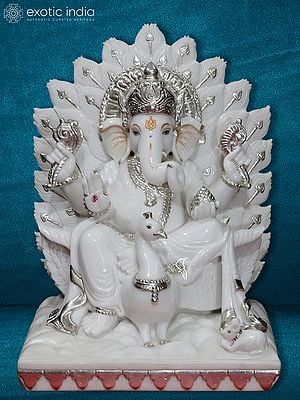 24" Lord Ganesha Seated On Mayureshwar Peacock | Vietnam Marble Statue
