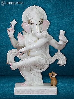 36" Large Lord Ganapati In Dancing Mudra | White Vietnam Marble Idol