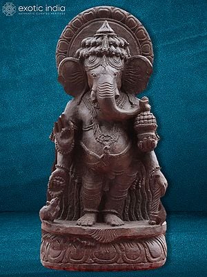30" Standing Ganapati On Lotus Pedestal | Sand Stone Figurine