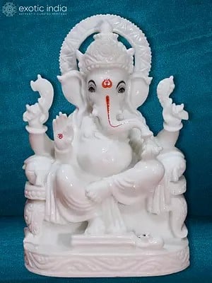 12" Lord Ganapati Statue With Om Symbol In Hand | Makrana Marble Idol