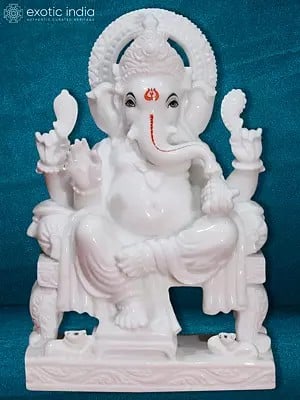 18" Vietnam Marble Ganesha Statue With Two Sided Mushaka
