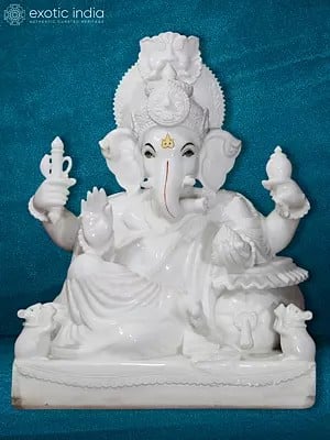 30" Vietnam Marble Statue Of Lord Ganesha With Holding A Conch