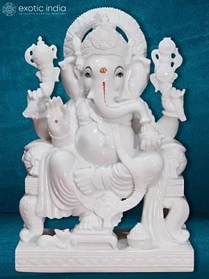 30" Good Luck Ganesha Idol | White Vietnam Marble Statue