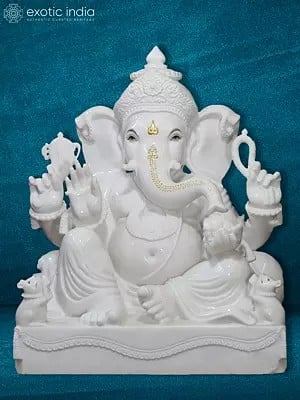 36" Large Attractive Lord Ganesha Statue With Golden Tilak | Vietnam Marble Idol