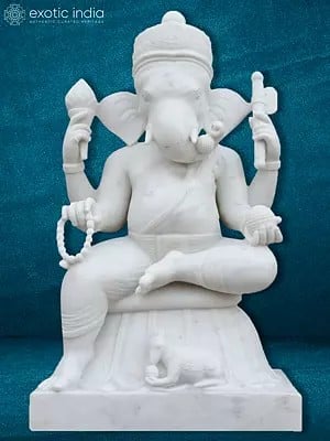 60" Large Lalitasana Lord Ganesha With Garland | White Marble Figurine