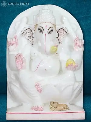 12" Marble Panel Of Axe Holding Lord Ganesha | Makrana Marble Panel