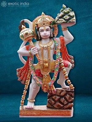 36" Large Idol Of Lord Hanuman Holding Mountain | White Makrana Marble