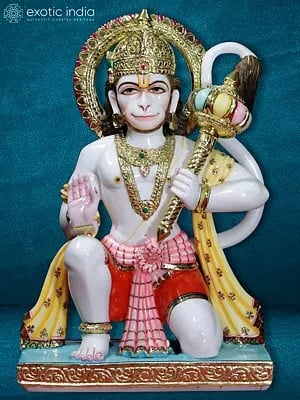 36" Large Seated Lord Hanuman With Mace | White Makrana Marble Idol