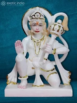 8" Blessing Lord Hanuman Figurine | White Makrana Marble