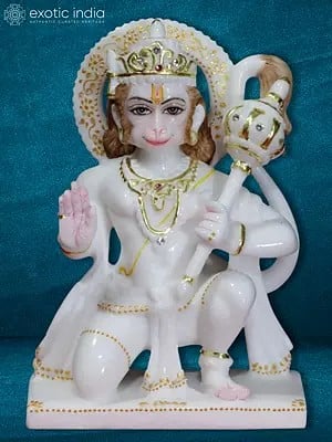 9" Lord Hanuman In Ashirwad Mudra | White Makrana Marble Statue