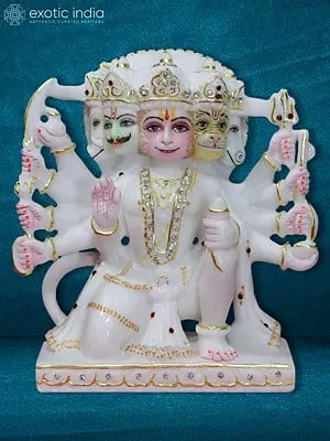 9" Statue Of Panchamukhi Hanuman With Ten Arms | White Makrana Marble