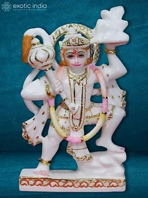 10" Blessing Lord Hanuman With A Mace (Gada) | White Makrana Marble