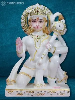 10" Hand Carved Lord Hanuman Figurine | White Makrana Marble