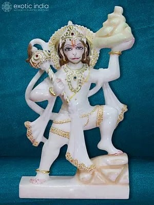 11" Veer Hanuman With Mountain | White Makrana Marble
