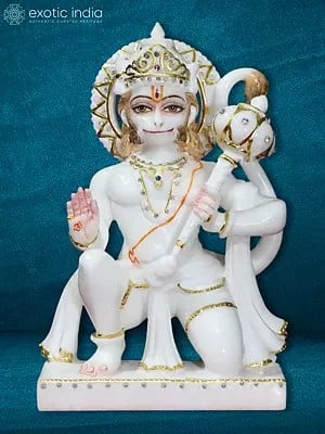 12" Lord Hanuman Statue For Home | White Makrana Marble