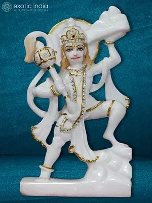 12" Lord Hanuman Lifting Sanjeevani Mountain Statue | White Makrana Marble