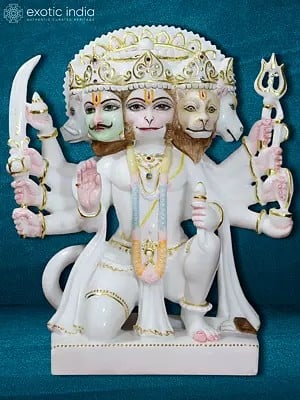 12" Seated Panchamukhi Lord Hanuman Idol | White Makrana Marble