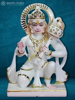 12" Veer Bajrangi Statue In Blessing Mudra | White Makrana Marble