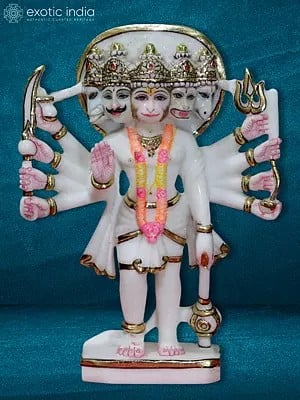 12" Standing Panchamukhi Lord Hanuman Idol | White Makrana Marble