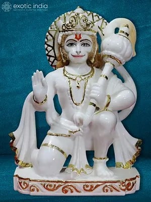 12" Lord Hanuman With Attractive Ornaments | White Makrana Marble
