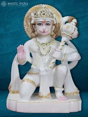 12" Lord Hanuman Idol In Ashirwad Posture | White Makrana Marble