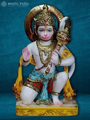 14" The Divine Lord Hanuman Statue | White Makrana Marble