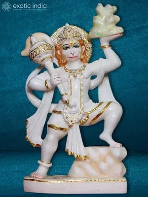 15" Lord Hanuman Carrying Mace And Mountain | White Makrana Marble