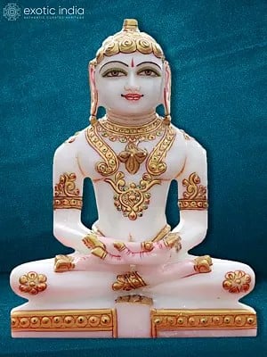 9" White Marble Jain Statue | Decorated With Gold Foil And Color
