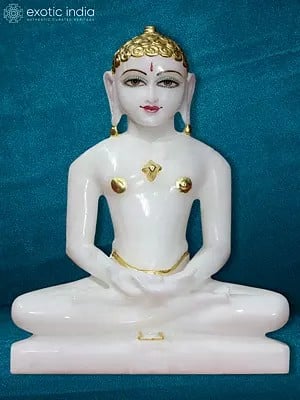 11" Handcrafted Jain Statue Made From White Makrana Marble