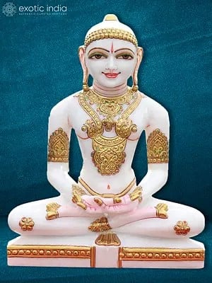 15" White Marble Mahavir Jain Idol | Handmade | Marble Idol