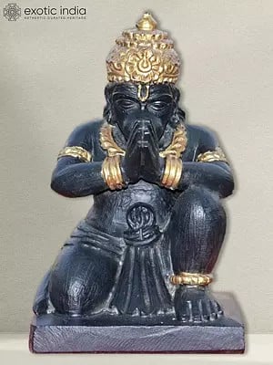 12" Sitting Veer Hanuman Statue | Bhainslana Balck Marble Statue
